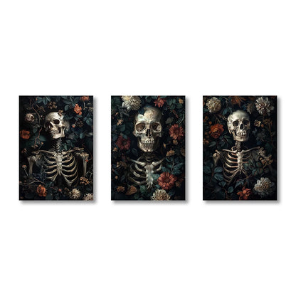 3Pcs/Sets Ghost Skeleton Posters and Prints Canvas Painting Gothic Flowers Wall Art for Home Living Room Decor Halloween Gifts