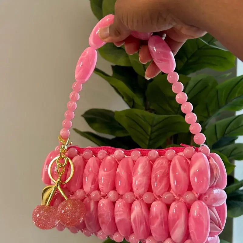 Bubblegum Handmade Beaded Bag for Outing Beaded Purse with Cherry Charm and Zipper Closure