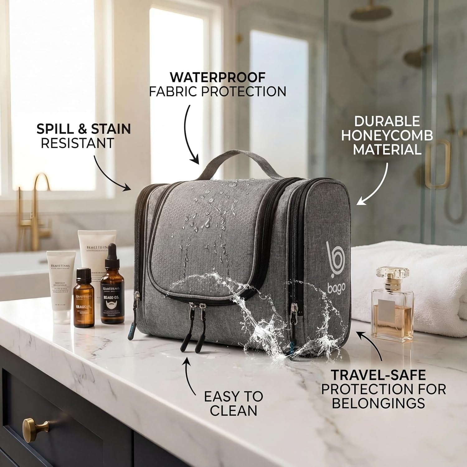 Travel Hanging Toiletry Wash Bag Makeup Cosmetic Organizer - Large Waterproof Hanging Toiletry Bags for Women and Men - Travel Essentials Accessories Hanging Wash Bag (Snowgray)