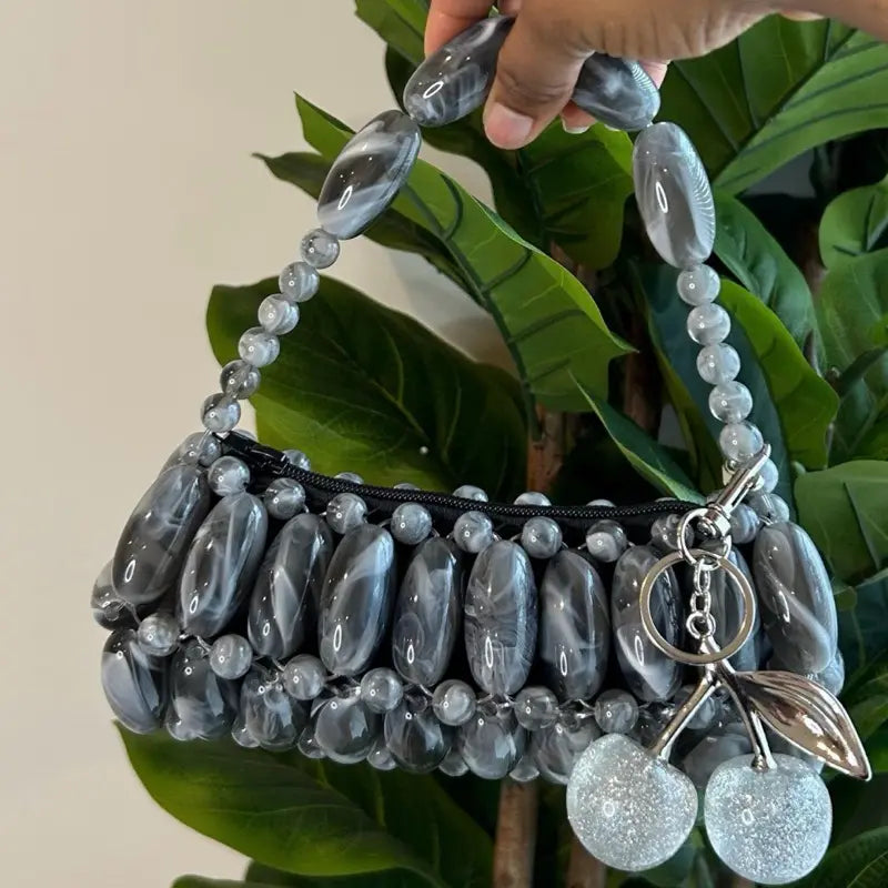 Bubblegum Handmade Beaded Bag for Outing Beaded Purse with Cherry Charm and Zipper Closure