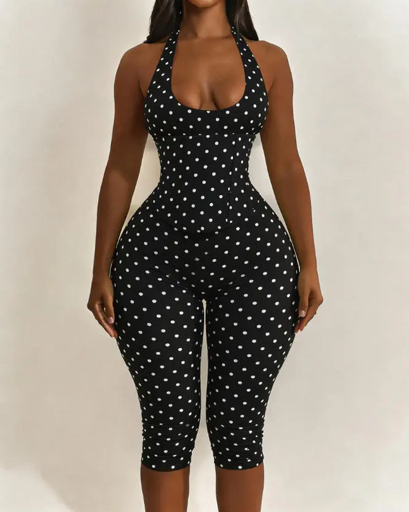 Women’S Seamless Polka Dot Shapewear Halter Bodysuit 2-Piece Set, Tummy Control & Butt Lift Waist Trainer