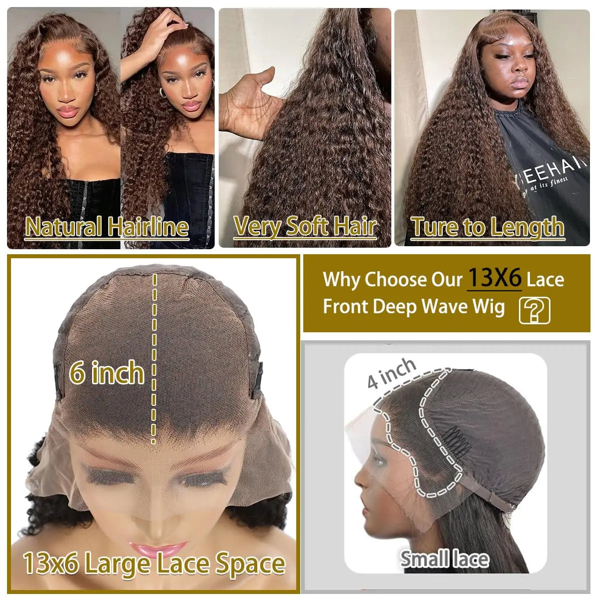 Chocolate Brown 13X6 Lace Front Wigs Human Hair Deep Wave Wig, 180 Density HD Transparent Lace Frontal Deep Wave Wigs for Women, Pre Plucked with Baby Hair, Curly Wig Brown Color