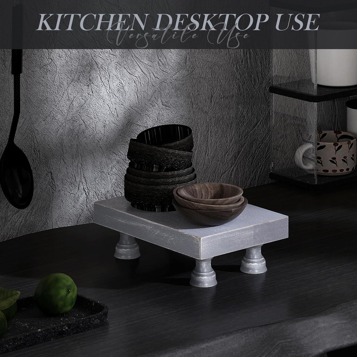 Wood Riser & Display Stand for Rustic Kitchen Counter, Gray | Pine Wood, 8.5" Display Riser, Bathroom Decor, Soap Holder, Coffee Bar Accessory, Plant & Candle Display, Neutral Decor