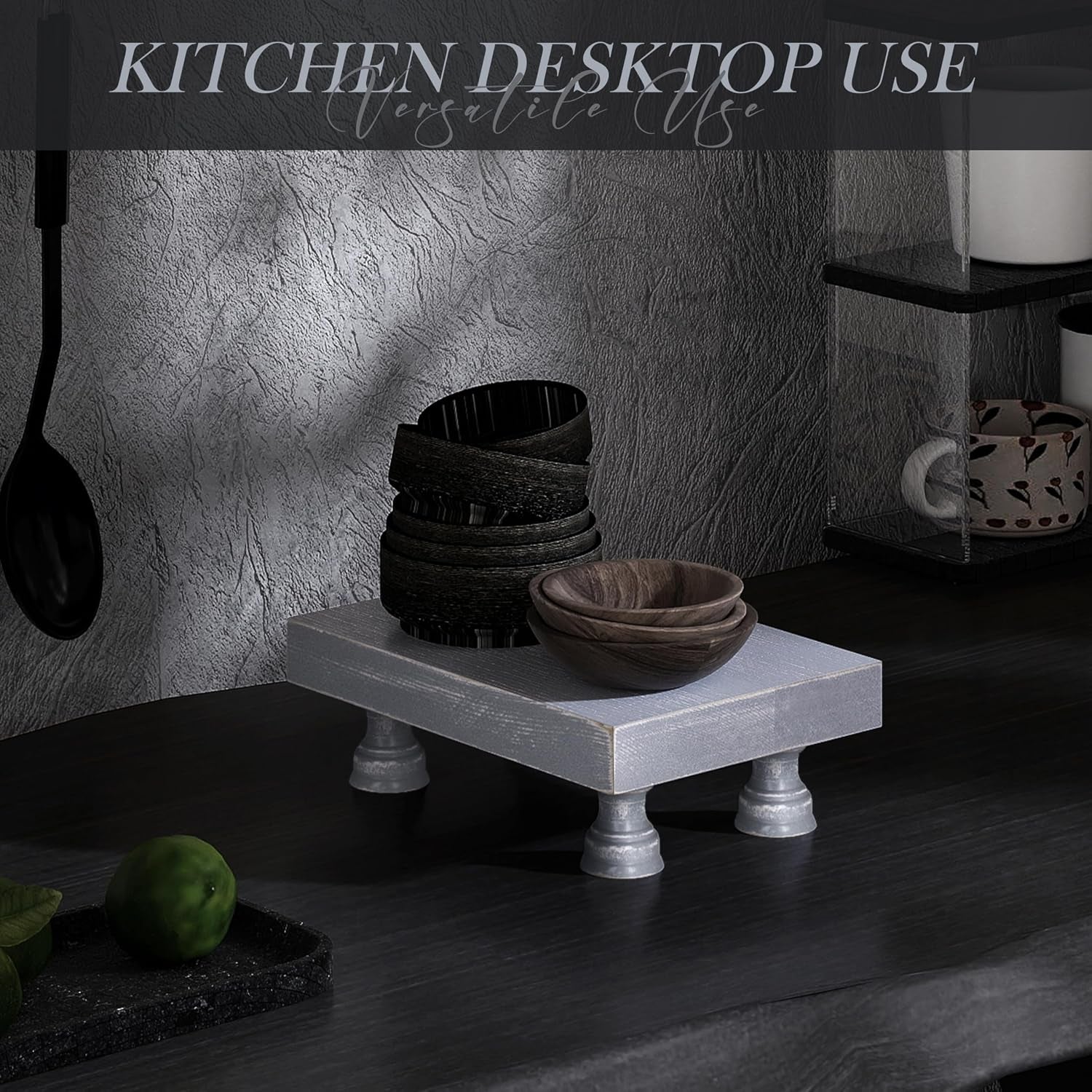 Wood Riser & Display Stand for Rustic Kitchen Counter, Gray | Pine Wood, 8.5" Display Riser, Bathroom Decor, Soap Holder, Coffee Bar Accessory, Plant & Candle Display, Neutral Decor