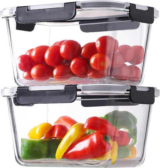 4 Pieces 63Oz/8Cup Large Glass Food Storage Containers with Lids, Meal Prep Containers, Airtight Bento Boxes with Leak Proof Locking (2 Containers + 2 Lids) - Microwave, Oven Safe