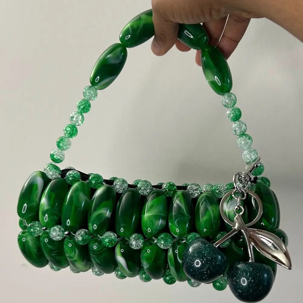 Bubblegum Handmade Beaded Bag for Outing Beaded Purse with Cherry Charm and Zipper Closure