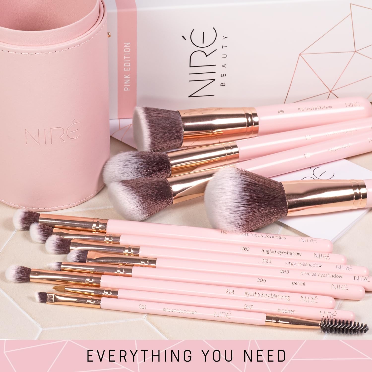 Beauty Makeup Brush Set with Case, Vegan, 15Pc, Pink Rose Gold | Kabuki, Blusher, Foundation, Powder, Contour, Eyeshadow, Brow Heads, Blending Sponge, Brush Cleaner, Gift Box