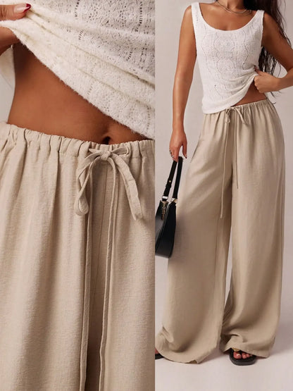 Women'S Solid Basic Pocket Pants, Casual Comfy Wide Leg Woven Trousers for Beach Vacation Holiday, Ladies Bottoms for All Seasons, Baggy Legged Pants, Fit, Womenswear
